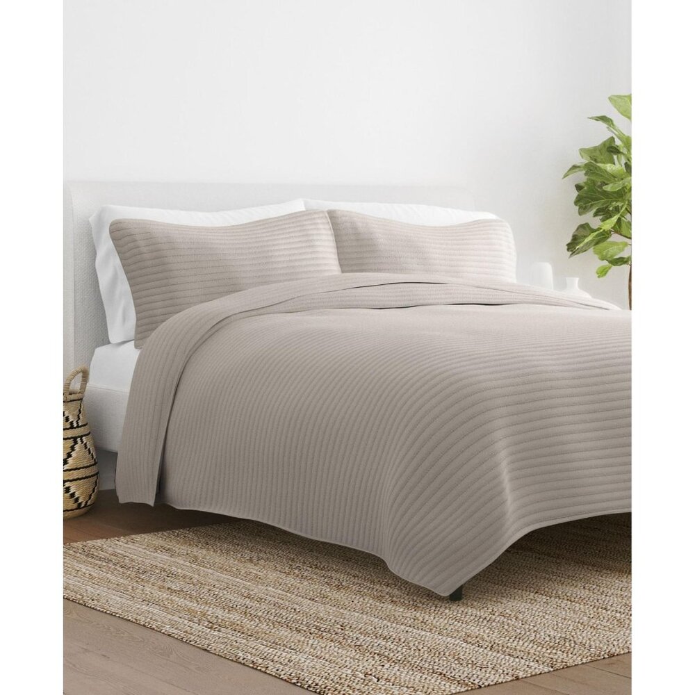 NWT iEnjoy Home Season 3-Piece Stripe Stitch Quilt Set Beige Brown Full / Queen